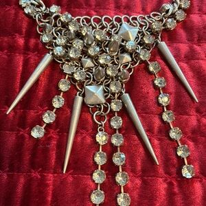 Statement Necklace!  Matte Gold Crystals Metal Mesh Spikes Goth